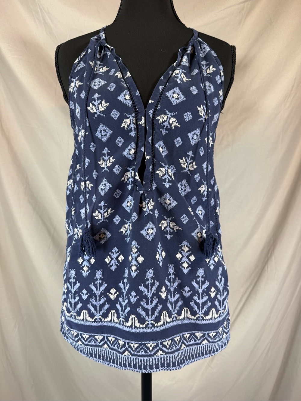 Joie Eniko Silk Tassel Tie Tank Top Navy Blue/White Print- Size Small